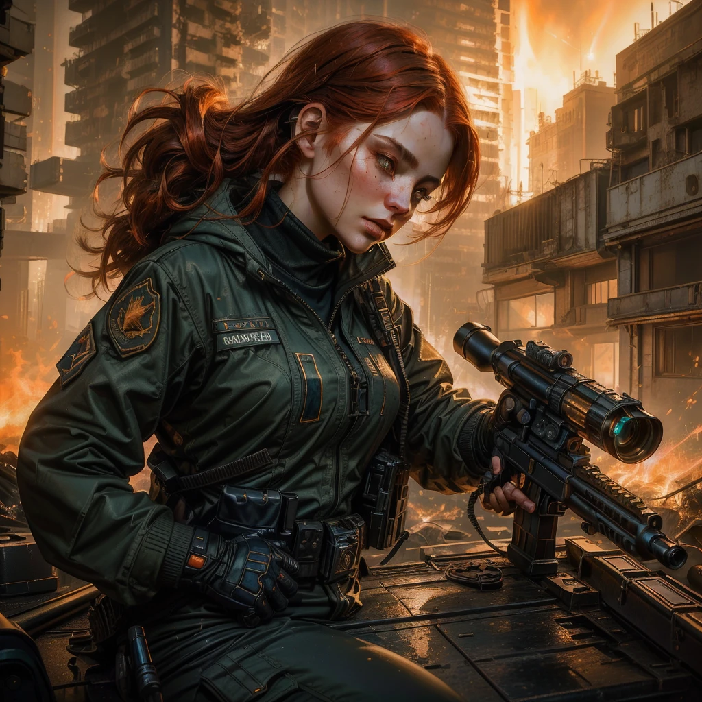 a close up of a woman holding a gun in front of a fire, wojtek fus, style of raymond swanland, of a sniper girl in war, redhead female cyberpunk, inspired by Raymond Swanland, alena aenami and artgerm, deviantart artstation cgscosiety, artgerm craig mullins, graphic artist magali villeneuve