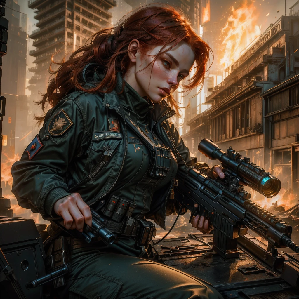 a close up of a woman holding a gun in front of a fire, wojtek fus, style of raymond swanland, of a sniper girl in war, redhead female cyberpunk, inspired by Raymond Swanland, alena aenami and artgerm, deviantart artstation cgscosiety, artgerm craig mullins, graphic artist magali villeneuve