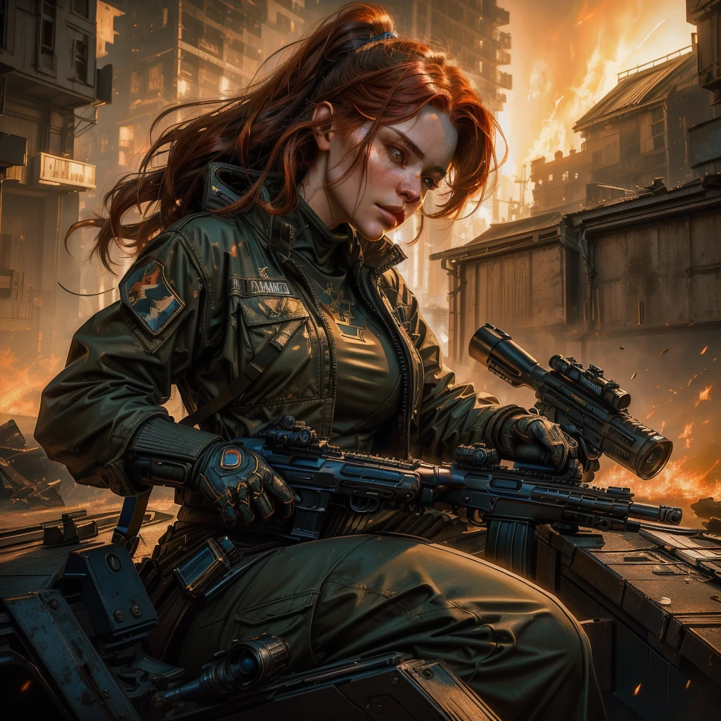 a close up of a woman holding a gun in front of a fire, wojtek fus, style of raymond swanland, of a sniper girl in war, redhead female cyberpunk, inspired by Raymond Swanland, alena aenami and artgerm, deviantart artstation cgscosiety, artgerm craig mullins, graphic artist magali villeneuve