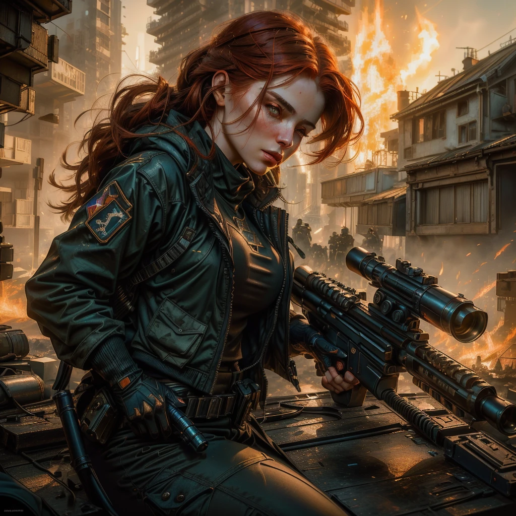 a close up of a woman holding a gun in front of a fire, wojtek fus, style of raymond swanland, of a sniper girl in war, redhead female cyberpunk, inspired by Raymond Swanland, alena aenami and artgerm, deviantart artstation cgscosiety, artgerm craig mullins, graphic artist magali villeneuve