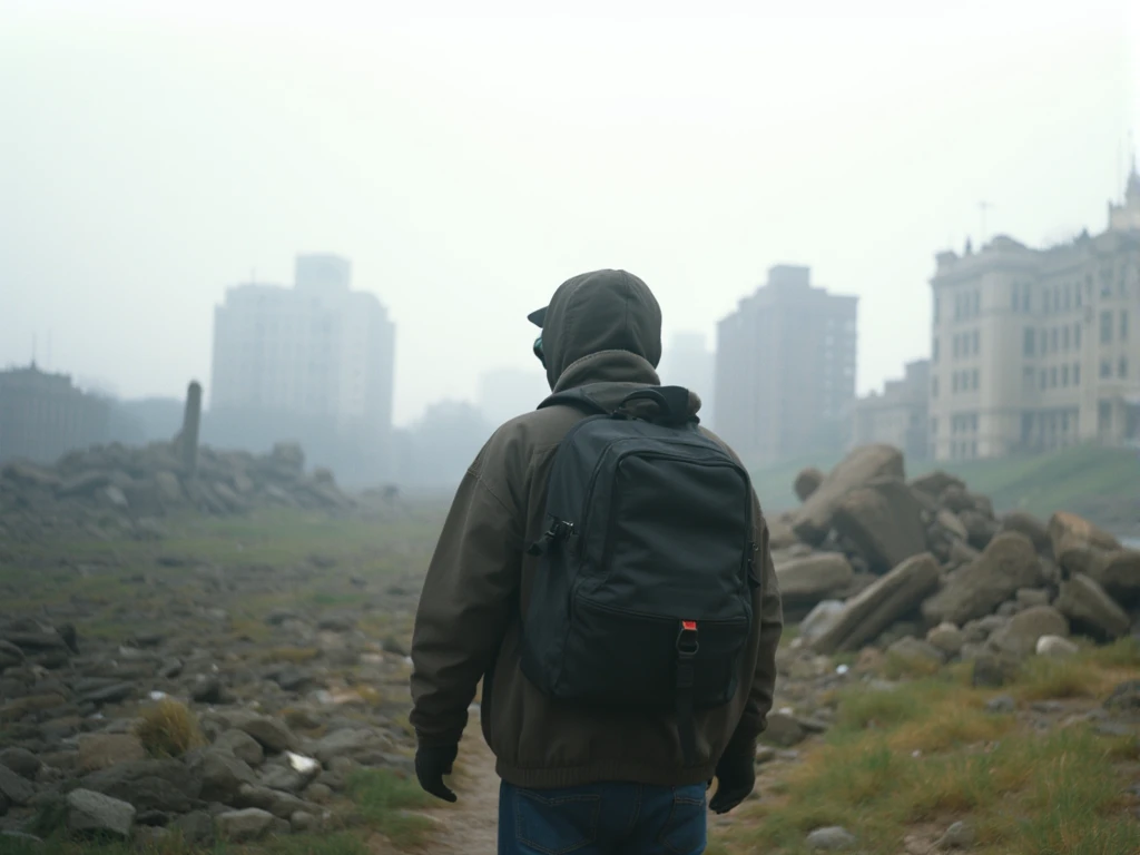 still from movie, portrait photo of walking male humanresearcher in protective suit with backpack, gas mask, stalker, andrei tarkowski movie style, ruined european city in background, fog, haze, morning, 85mm, agfacolor film, film grain