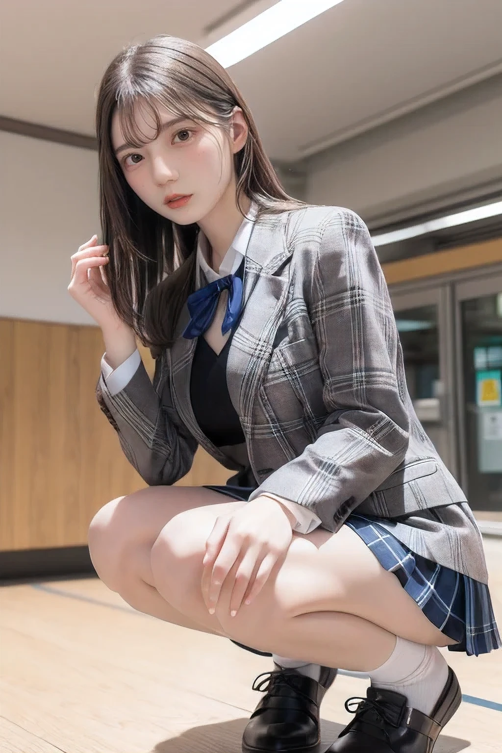 Masterpiece, 8k, Wallpaper, top-quality, High school girl, Photorealistic, (Plump breast:1.3), 
(Light smile:1.2), (Blazer, blouse, blue plaid ribbon, plaid pleated skirt 1.4), Squatting in Train station home:1.3), (Night:1.2)