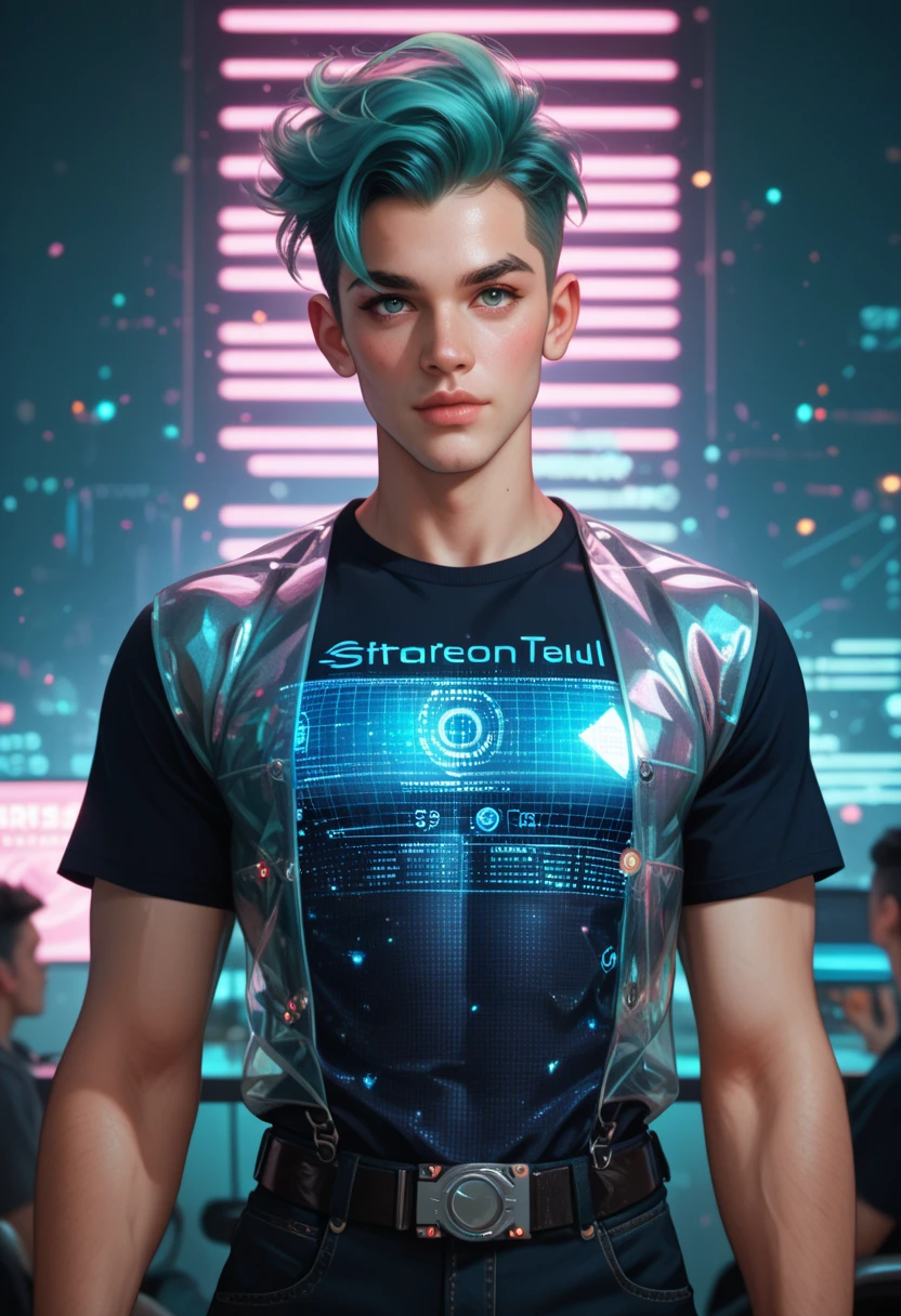 nude penis stylish twink with spiky teal hair, dressed in a glossy metallic vest over a graphic T-shirt, waist-up, surrounded by holographic notifications and subtle glowing lights