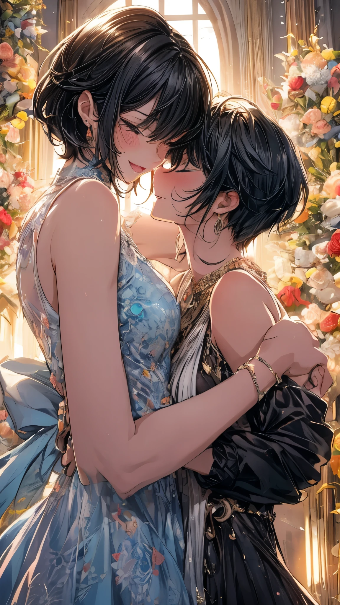 vibrant and whimsical, featuring a tall, short-haired woman smiling while kissing the forehead of a shorter, long-haired woman. The short-haired woman’s cold demeanor contrasts with the cheerful personality of the shorter woman. Their affectionate embrace is captured with warm colors and soft lighting, evoking a lighthearted, loving atmosphere.