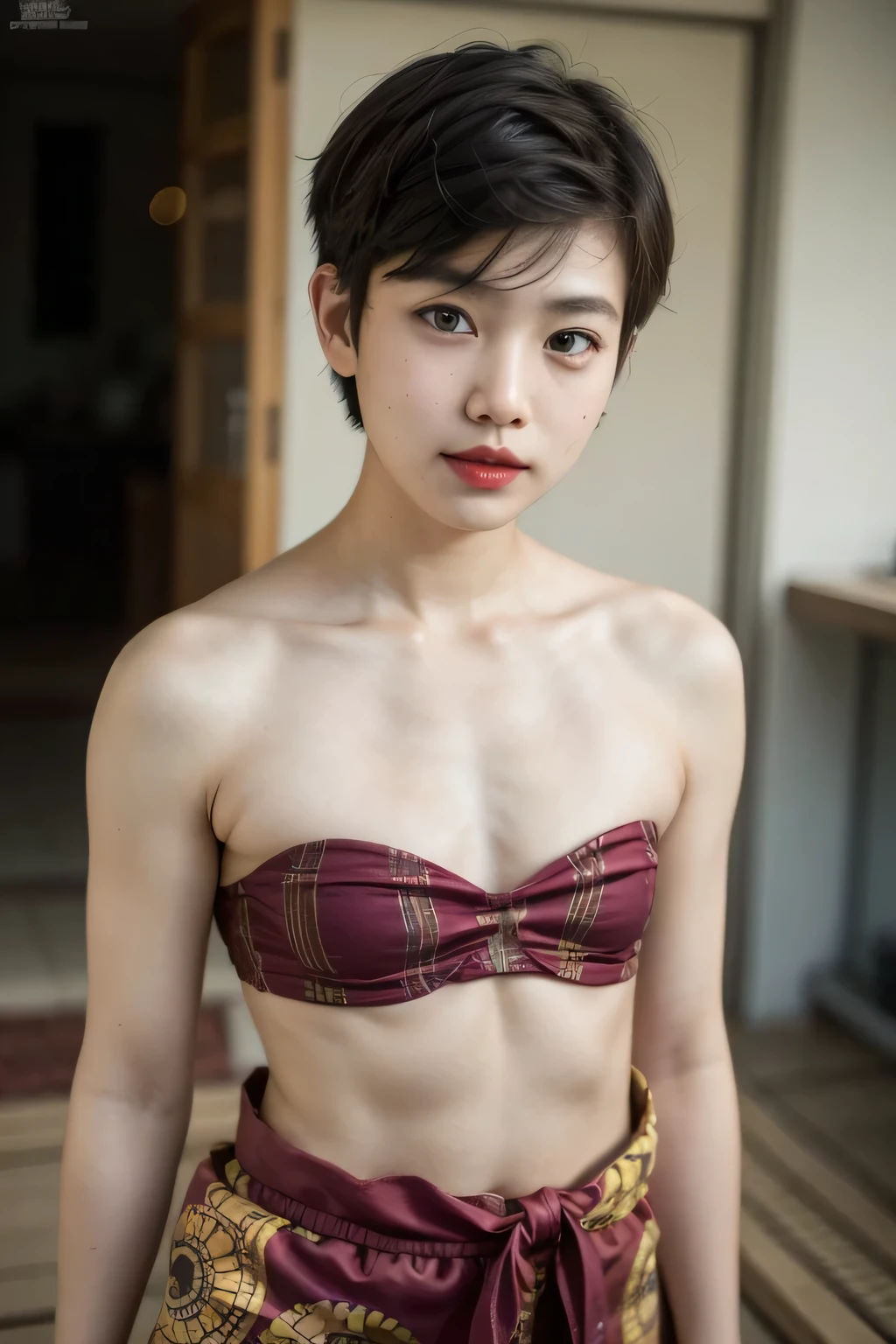 kecil Femboy berambut very  Shorthaircut bogel, half body portrait. Highly detailed quality, naked flat breasts. thick (nipples thick:0.050), kain batik sarong & micro strapless bra, (red lipstick), half naked body, (Arm Muscles:1.15)