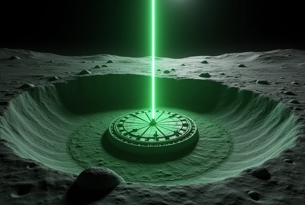 ((masterpiece, highest quality, Highest image quality, High resolution, photorealistic, Raw photo, Extremely detailed CG unified 8k wallpaper)), Solar power facility on the moon seen from above, one laser blue light extending upward, high contrast, black and white world, realistic power plant in a crater, detailed lunar landscape, bird's eye view,