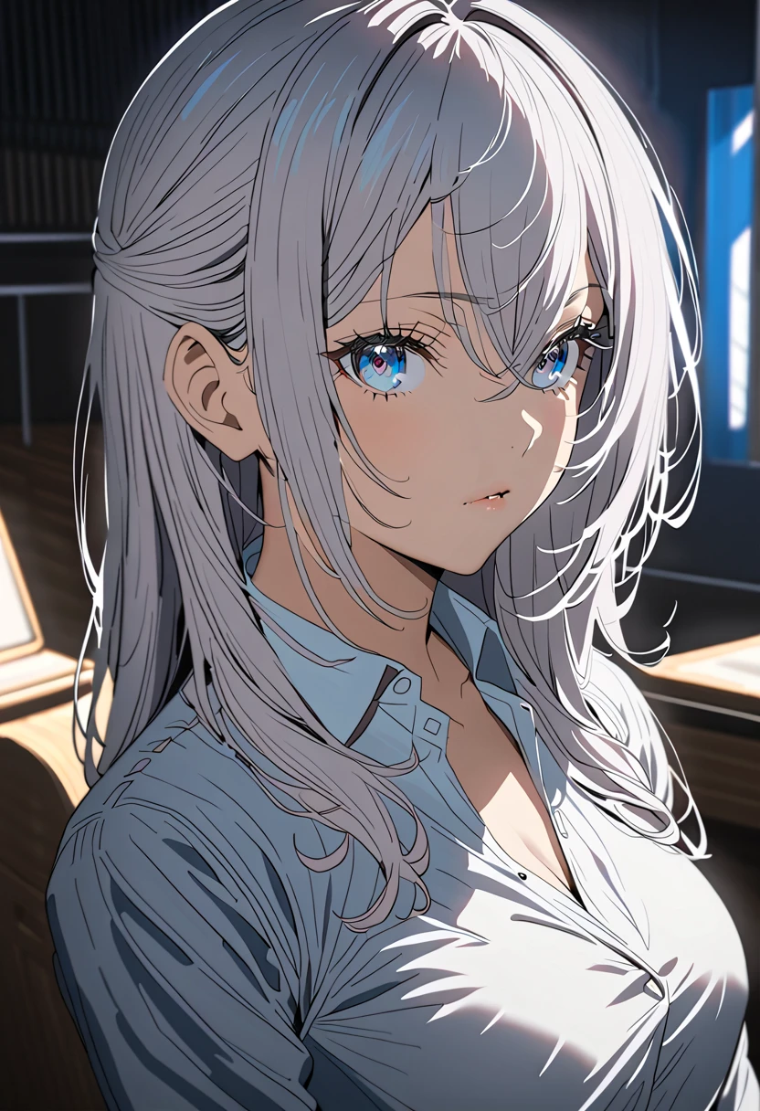 A beautiful silver-haired girl in a school uniform, with a moderate bust and slightly unbuttoned shirt, 1girl, school uniform, silver hair, beautiful detailed eyes, beautiful detailed lips, extremely detailed face and eyes, long eyelashes, medium breasts, slightly unbuttoned shirt, highly detailed, intricate details, cinematic lighting, dramatic lighting, vibrant colors, studio lighting, 8k, best quality,  masterpiece