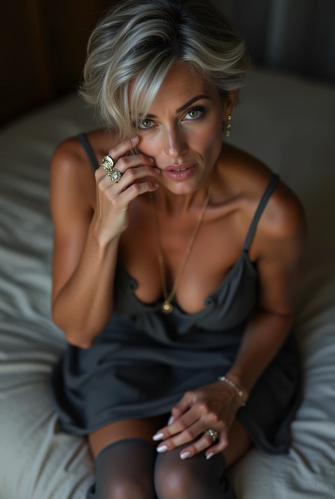 fit blonde grandma of 60 years old waering a black dress, tanned skin, wrinkles on the whole body, smoking weed on the bed