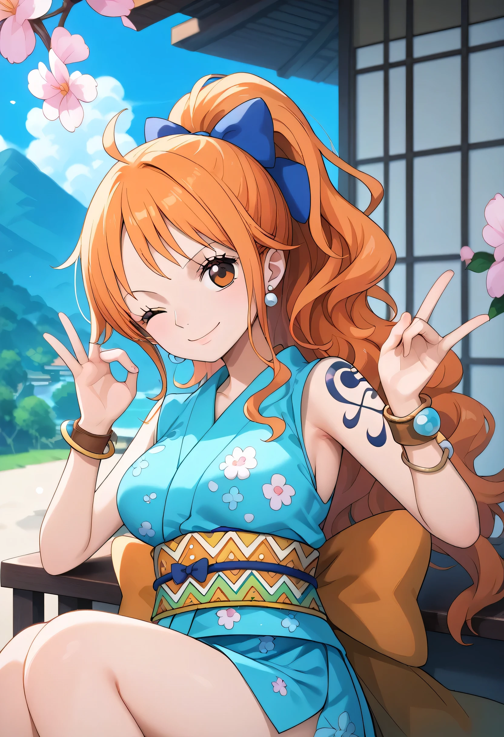 2d, masterpiece, best quality, anime, highly detailed face, highly detailed background, perfect lighting, wano, nami, 1girl, solo, one eye closed, long hair, smile, jewelry, sash, japanese clothes, obi, orange hair, kimono, bow, light blue kimono, flower, flower print, earrings, looking at viewer, sleeveless kimono, ahoge, ribbon, hair bow, sky, day, bracelet, sleeveless, ;\), blue bow, outdoors, breasts, cloud, closed mouth, ponytail, blue sky, brown eyes, orange eyes, left shoulder tattoo, bare shoulders, very long hair, sidelocks, bangs, collarbone, upper body, left arm tattoo, bare arms, official alternate costume, blurry, hand gesture, alternate costume, medium breasts, blurry background, large breasts, eyelashes, mountain, parody, cloudy sky, sitting, shiny hair, bangle, wavy hair, 