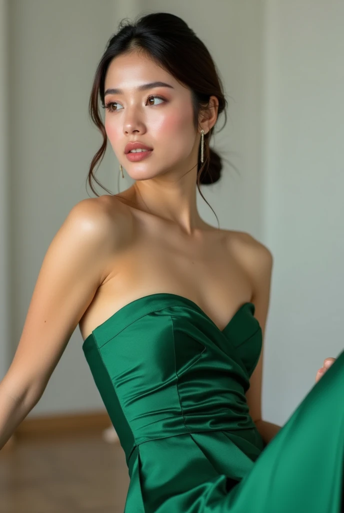 Beautiful model in a green strapless dress, Skin details，Photo poses