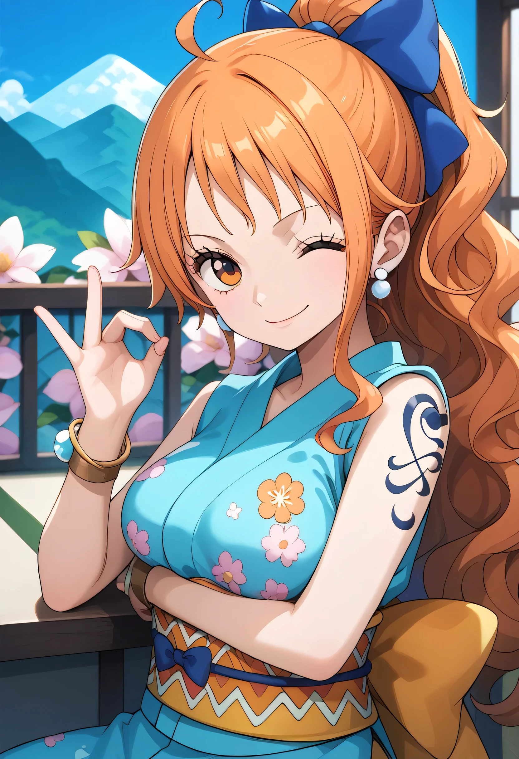2d, masterpiece, best quality, anime, highly detailed face, highly detailed background, perfect lighting, wano, nami, 1girl, solo, one eye closed, long hair, smile, jewelry, sash, japanese clothes, obi, orange hair, kimono, bow, light blue kimono, flower, flower print, earrings, looking at viewer, sleeveless kimono, ahoge, ribbon, hair bow, sky, day, bracelet, sleeveless, ;\), blue bow, outdoors, breasts, cloud, closed mouth, ponytail, blue sky, brown eyes, orange eyes, left shoulder tattoo, bare shoulders, very long hair, sidelocks, bangs, collarbone, upper body, left arm tattoo, bare arms, official alternate costume, blurry, hand gesture, alternate costume, medium breasts, blurry background, large breasts, eyelashes, mountain, parody, cloudy sky, sitting, shiny hair, bangle, wavy hair,