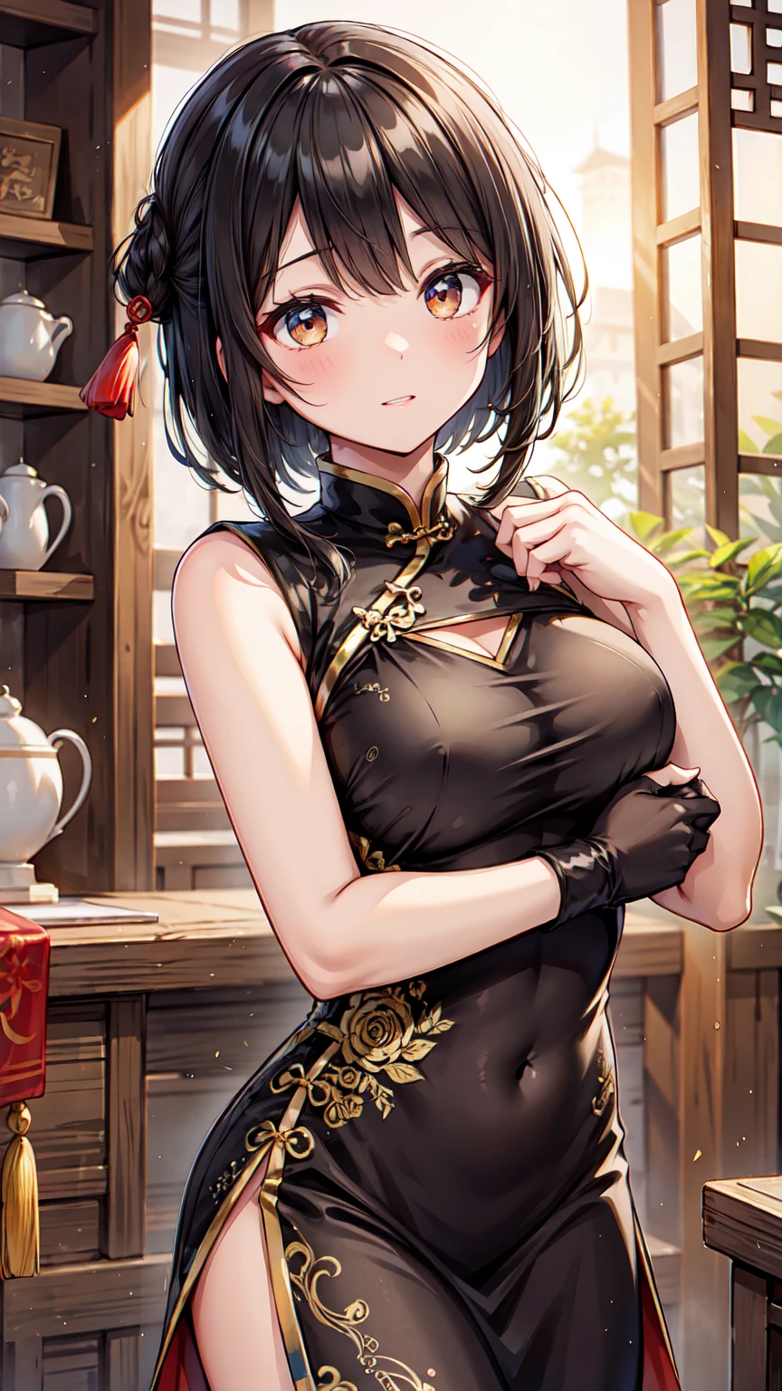  black hair、 china dress