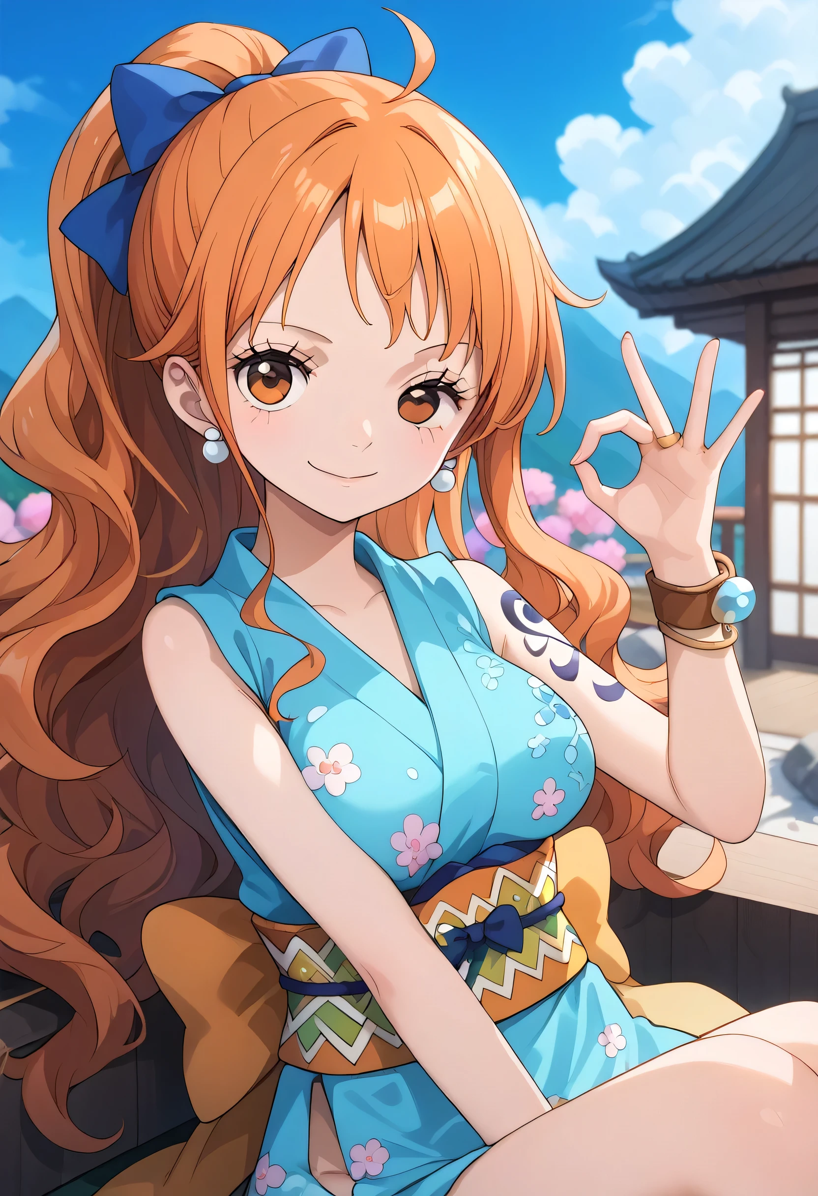 2d, masterpiece, best quality, anime, highly detailed face, highly detailed background, perfect lighting, wano, nami, 1girl, solo, one eye closed, long hair, smile, jewelry, sash, japanese clothes, obi, orange hair, kimono, bow, light blue kimono, flower, flower print, earrings, looking at viewer, sleeveless kimono, ahoge, ribbon, hair bow, sky, day, bracelet, sleeveless, ;\), blue bow, outdoors, breasts, cloud, closed mouth, ponytail, blue sky, brown eyes, orange eyes, left shoulder tattoo, bare shoulders, very long hair, sidelocks, bangs, collarbone, upper body, left arm tattoo, bare arms, official alternate costume, blurry, hand gesture, alternate costume, medium breasts, blurry background, large breasts, eyelashes, mountain, parody, cloudy sky, sitting, shiny hair, bangle, wavy hair, half naked