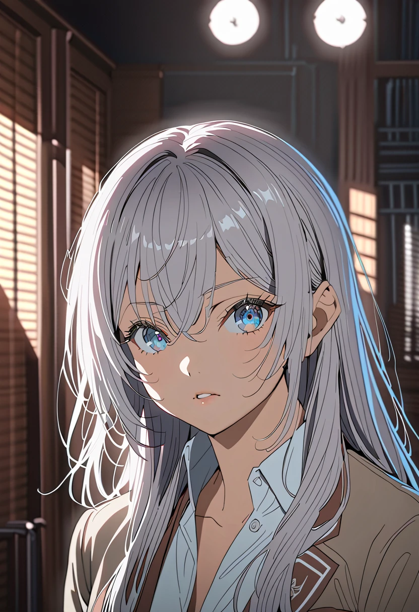 A beautiful silver-haired girl in a school uniform, with a moderate bust and slightly unbuttoned shirt, 1girl, school uniform, silver hair, beautiful detailed eyes, beautiful detailed lips, extremely detailed face and eyes, long eyelashes, medium breasts, slightly unbuttoned shirt, highly detailed, intricate details, cinematic lighting, dramatic lighting, vibrant colors, studio lighting, 8k, best quality,  masterpiece