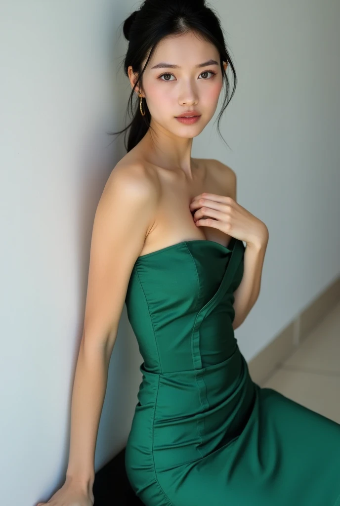 Beautiful model in a green strapless dress, Skin details，Photo poses，Healthy skin