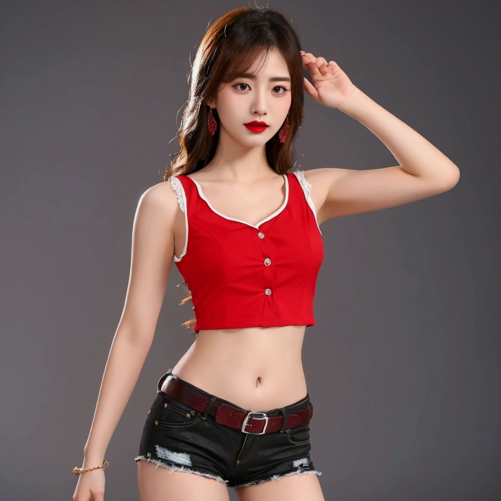 Beautiful girl with long hair, large boobs:1.5, Sharp eyes, pretty smile, gorgeous face, slim, small waist, flat stomach, Small thighs, elongated legs, Short denim skirt:1.4, Tight short-sleeved t-shirt, Sexy Gestures, Red high heels, stage backdrop