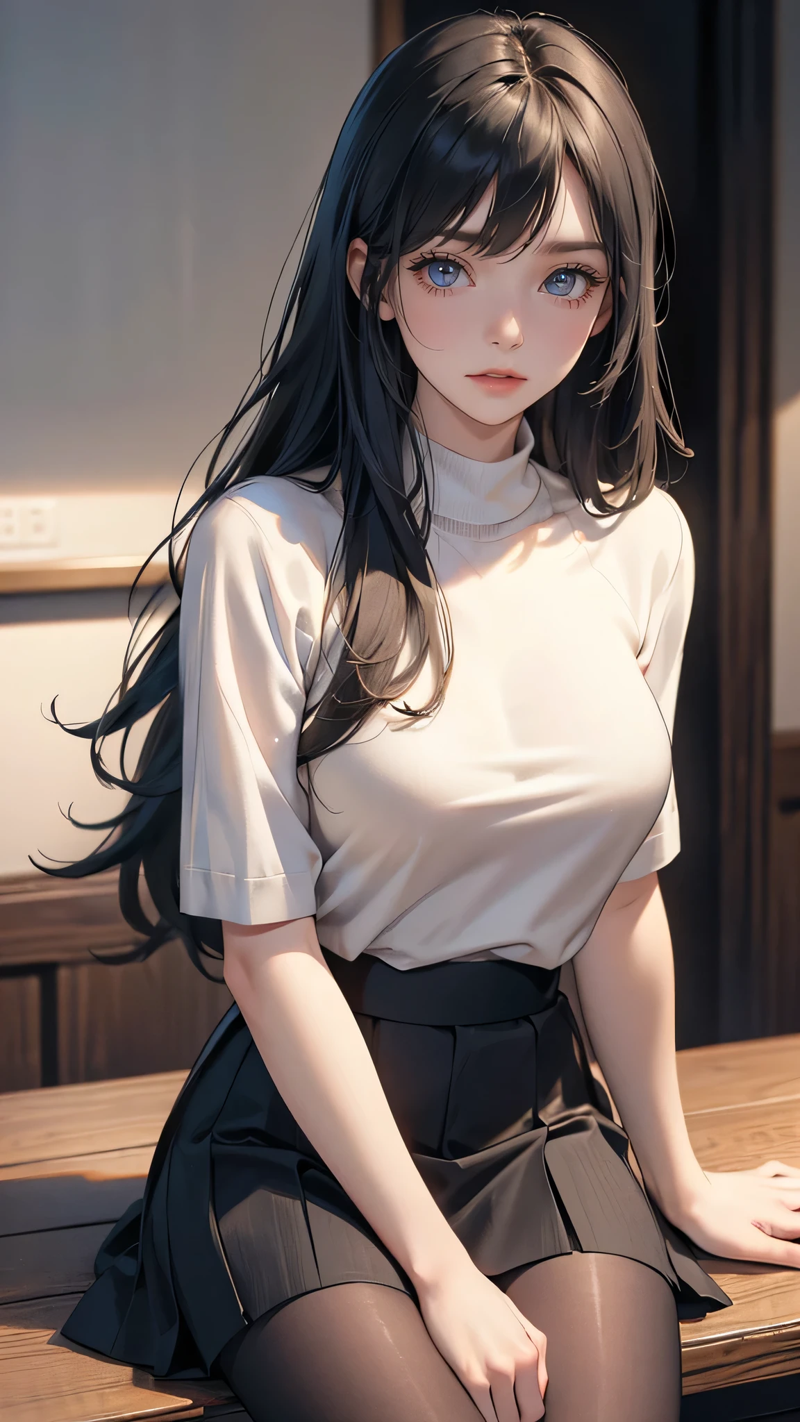 Anime girl sitting on a bench with long black hair - SeaArt AI