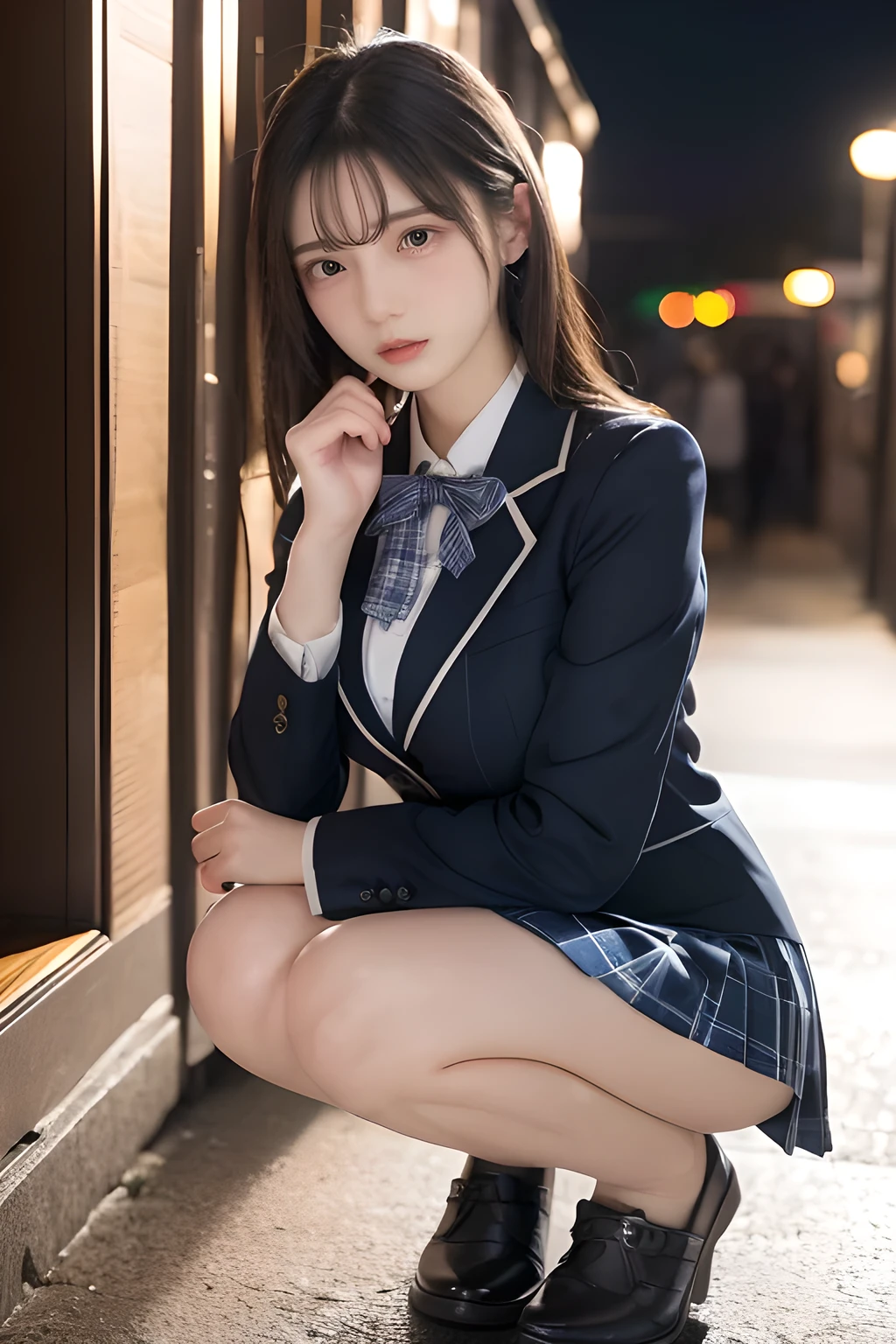 Masterpiece, 8k, Wallpaper, top-quality, High school girl, Photorealistic, (Plump breast:1.3), 
(Light smile:1.2), (Blazer, blouse, blue plaid ribbon, plaid pleated skirt 1.4), Squatting in Train :1.3), (Mid Night:1.2)