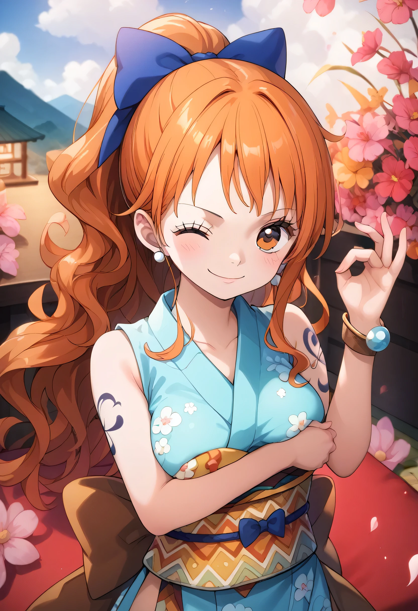 2d, masterpiece, best quality, anime, highly detailed face, highly detailed background, perfect lighting, wano, nami, 1girl, solo, one eye closed, long hair, smile, jewelry, sash, japanese clothes, obi, orange hair, kimono, bow, light blue kimono, flower, flower print, earrings, looking at viewer, sleeveless kimono, ahoge, ribbon, hair bow, sky, day, bracelet, sleeveless, ;\), blue bow, outdoors, breasts, cloud, closed mouth, ponytail, blue sky, brown eyes, orange eyes, left shoulder tattoo, bare shoulders, very long hair, sidelocks, bangs, collarbone, upper body, left arm tattoo, bare arms, official alternate costume, blurry, hand gesture, alternate costume, medium breasts, blurry background, large breasts, eyelashes, mountain, parody, cloudy sky, sitting, shiny hair, bangle, wavy hair, half naked,Carrying position、spread legs, nipple bulge,sex, standing The chest is very big and only the chest and thighs are plump, but they are not thick and firm、imprisonment、 dark room、Busty、The chest is large in proportion to the small stature unbalanced chest 、 painful face、 ahe face、blush