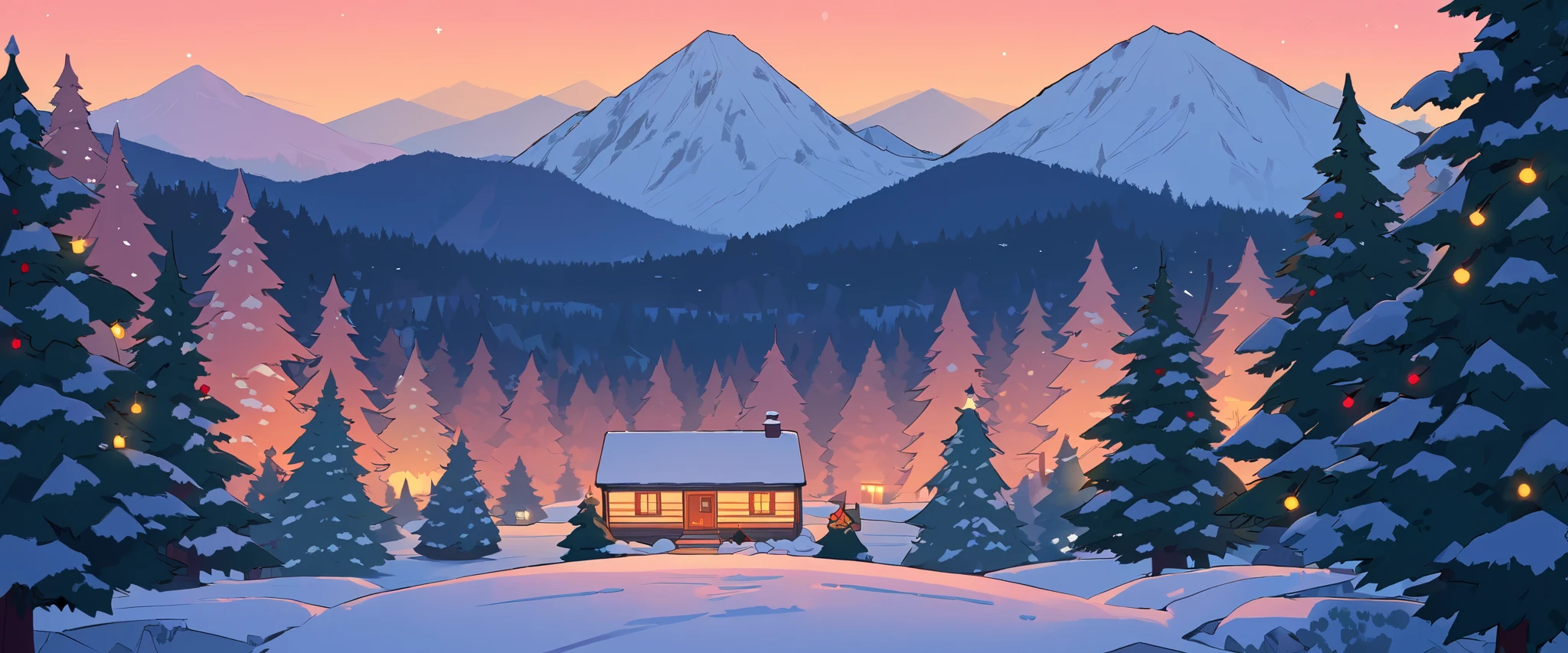Christmas vibes ultrawide ,cozy ,lofi ,landscape ,forest ,mountain