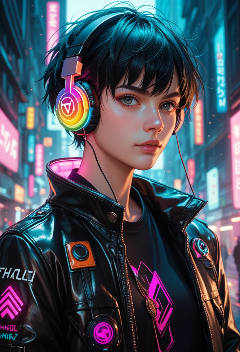 chill futuristic twink with shaggy black hair and glowing RGB headphones, wearing a neon-lined leather jacket, anime-style, 