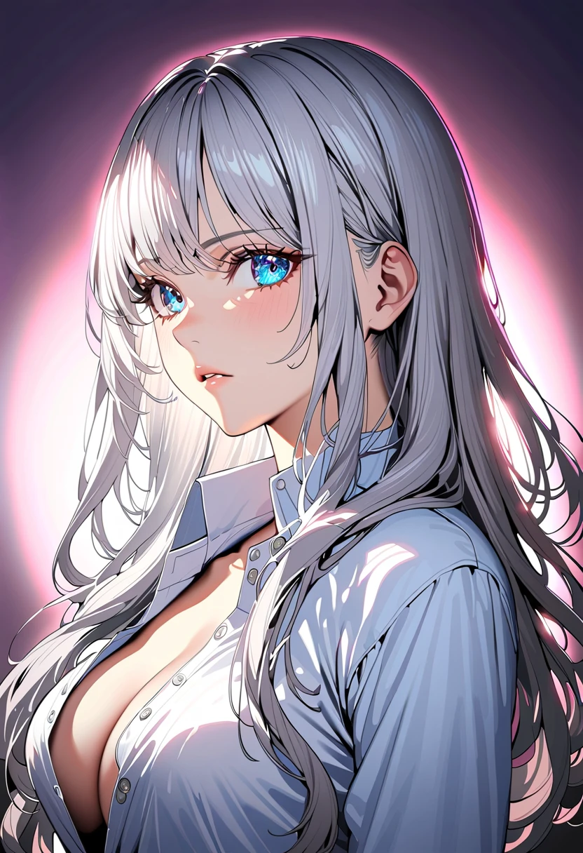 A beautiful silver-haired girl in a school uniform, with a moderate bust and slightly unbuttoned shirt, 1girl, school uniform, silver hair, beautiful detailed eyes, beautiful detailed lips, extremely detailed face and eyes, long eyelashes, medium breasts, slightly unbuttoned shirt, highly detailed, intricate details, cinematic lighting, dramatic lighting, vibrant colors, studio lighting, 8k, best quality,  masterpiece