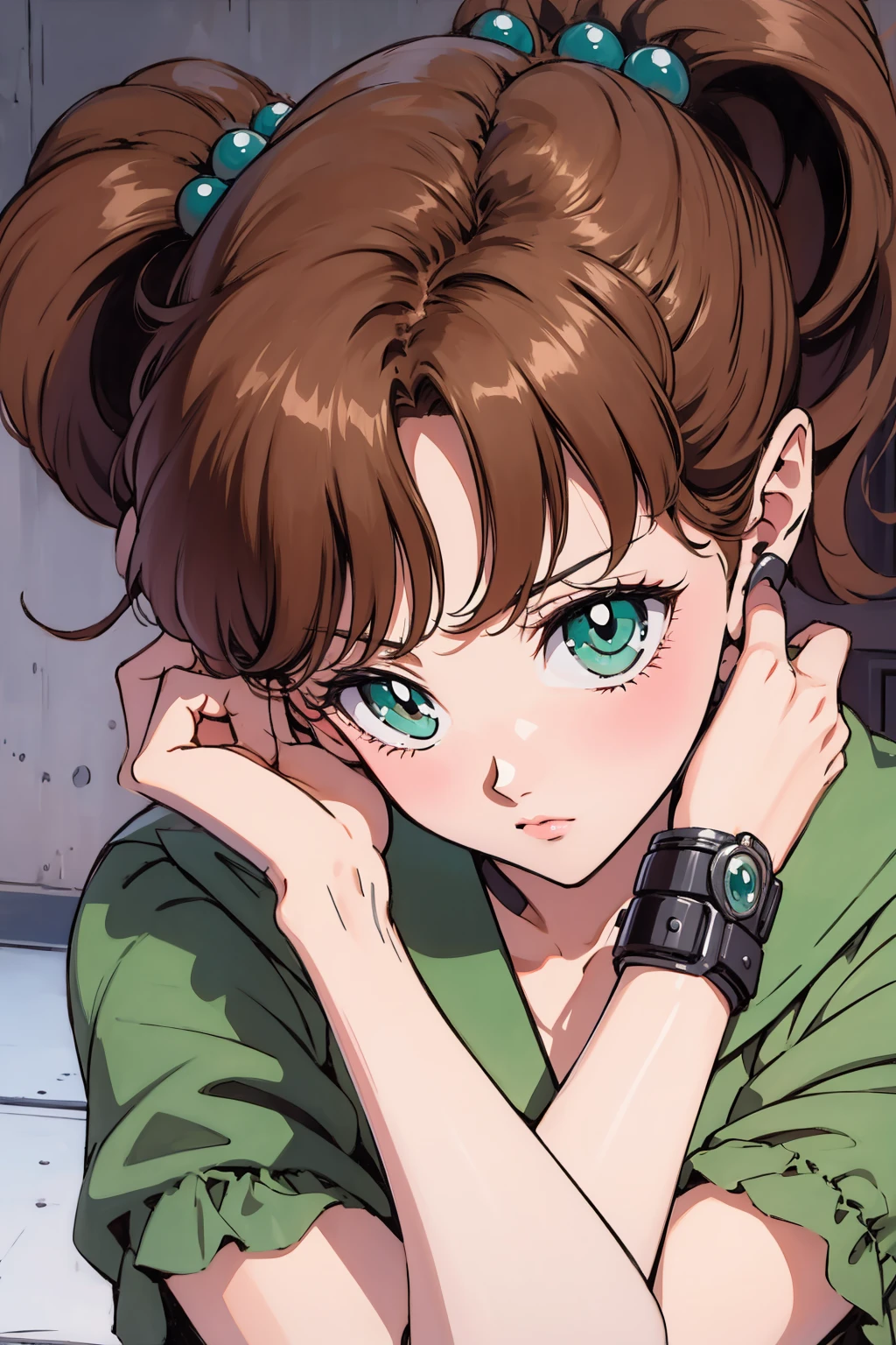 Best Quality,  high resolution on down, 1990s \( style \), retro art style , 1990s anime cels  style , Brown uniform,  brown pleated skirt ,  ponytail,In the schoolyard、Light green eyes、  sitting on the floor with her knees open ,  ponytail, (Torn clothes、)、Dynamic、Ruins where Fighting 、Torture scene、 torture room、Woman being tortured、tears、blush、 sad