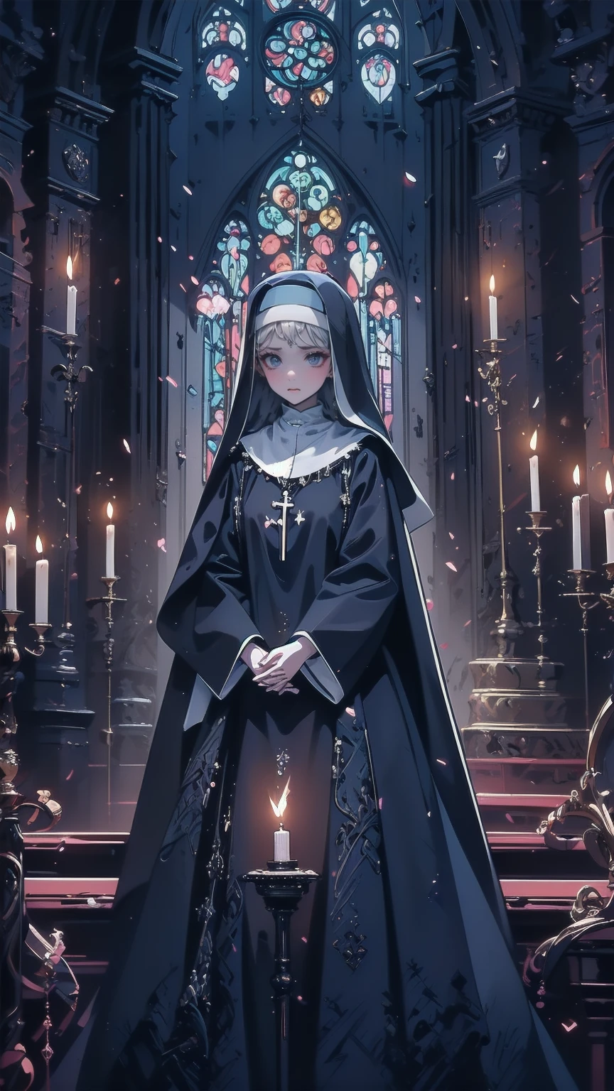 Illustration,  best quality,   1 girl,    Nun with Silver Hair and Bright Blue Eyes ,   Above Broken Walls   ,    Holding Hands and Praying   , solemn look  ,    Dark Church of Satanic Worship    ,Devil's statue ,    Dark Nun Without Stained Glass  ,   Candlelight only  ,   dark and gloomy atmosphere  ,  Despair and Helplessness  ,    gothic and eerie atmosphere   ,    Dark Nun Clothes Reflecting Shadows   