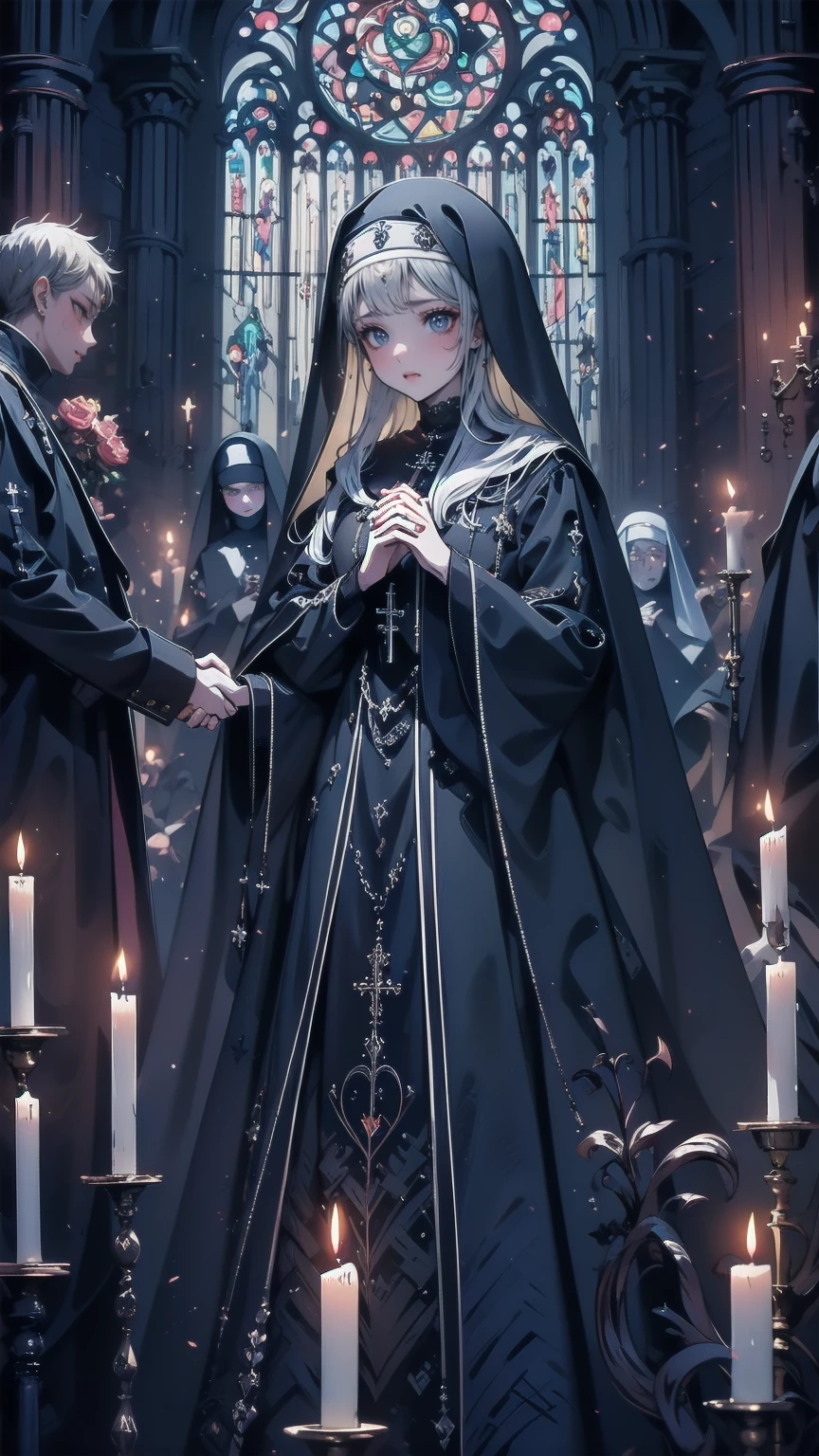 Illustration,  best quality,   1 girl,    Nun with Silver Hair and Bright Blue Eyes ,   Above Broken Walls   ,    Holding Hands and Praying   , solemn look  ,    Dark Church of Satanic Worship    ,Devil's statue ,    Dark Nun Without Stained Glass  ,   Candlelight only  ,   dark and gloomy atmosphere  ,  Despair and Helplessness  ,    gothic and eerie atmosphere   ,    Dark Nun Clothes Reflecting Shadows   