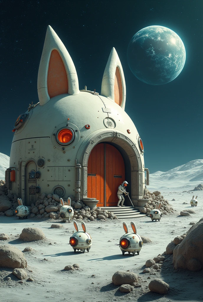  fantasy、Moon base、Rabbit-shaped robot working around a domed base 、周りで働いているウサギ型ロボット、 in the sky