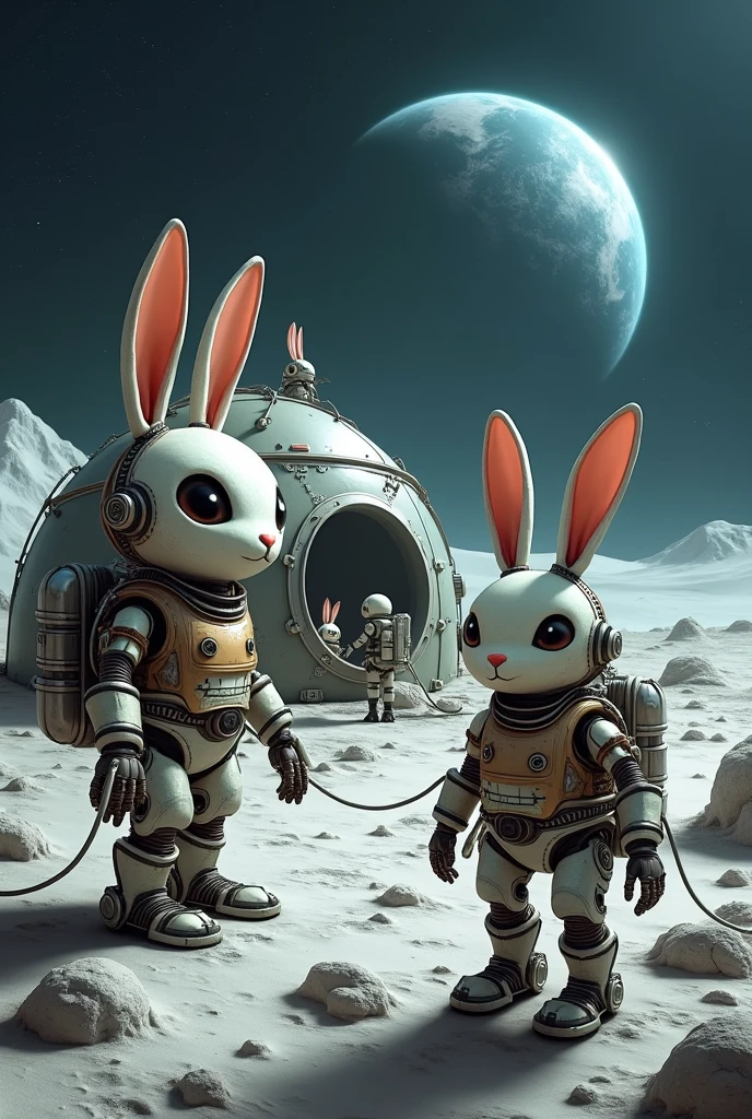  fantasy、Moon base、Rabbit-shaped robot working around a domed base 、周りで働いているウサギ型ロボット、 in the sky