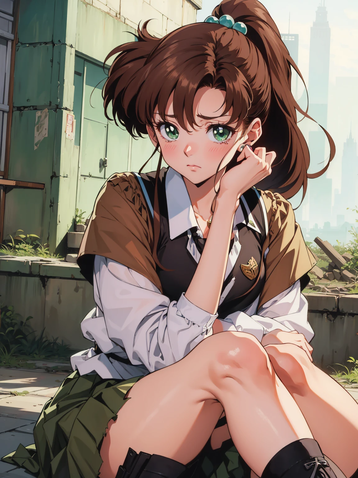 Best Quality,  high resolution on down, 1990s \( style \), retro art style , 1990s anime cels  style , Brown uniform,  brown pleated skirt ,  ponytail,In the schoolyard、Light green eyes、  sitting on the floor with her knees open ,  ponytail, (Torn clothes、)、Dynamic、Ruins where Fighting 、Torture scene、 torture room、Woman being tortured、tears、blush、 sad