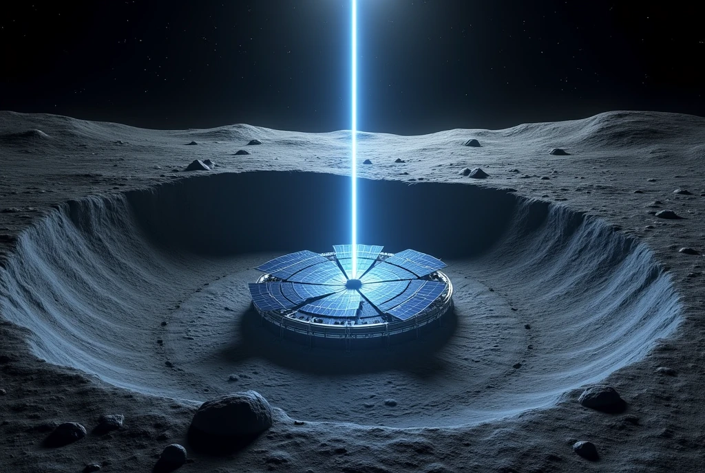 ((masterpiece, highest quality, Highest image quality, High resolution, photorealistic, Raw photo, Extremely detailed CG unified 8k wallpaper)), Solar power facility on the moon seen from above, one laser blue light extending upward, high contrast, black and white world, realistic power plant in a crater, detailed lunar landscape, bird's eye view,
