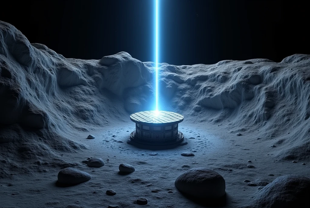 ((masterpiece, highest quality, Highest image quality, High resolution, photorealistic, Raw photo, Extremely detailed CG unified 8k wallpaper)), Solar power facility on the moon seen from above, one laser blue light extending upward, high contrast, black and white world, realistic power plant in a crater, detailed lunar landscape, bird's eye view,