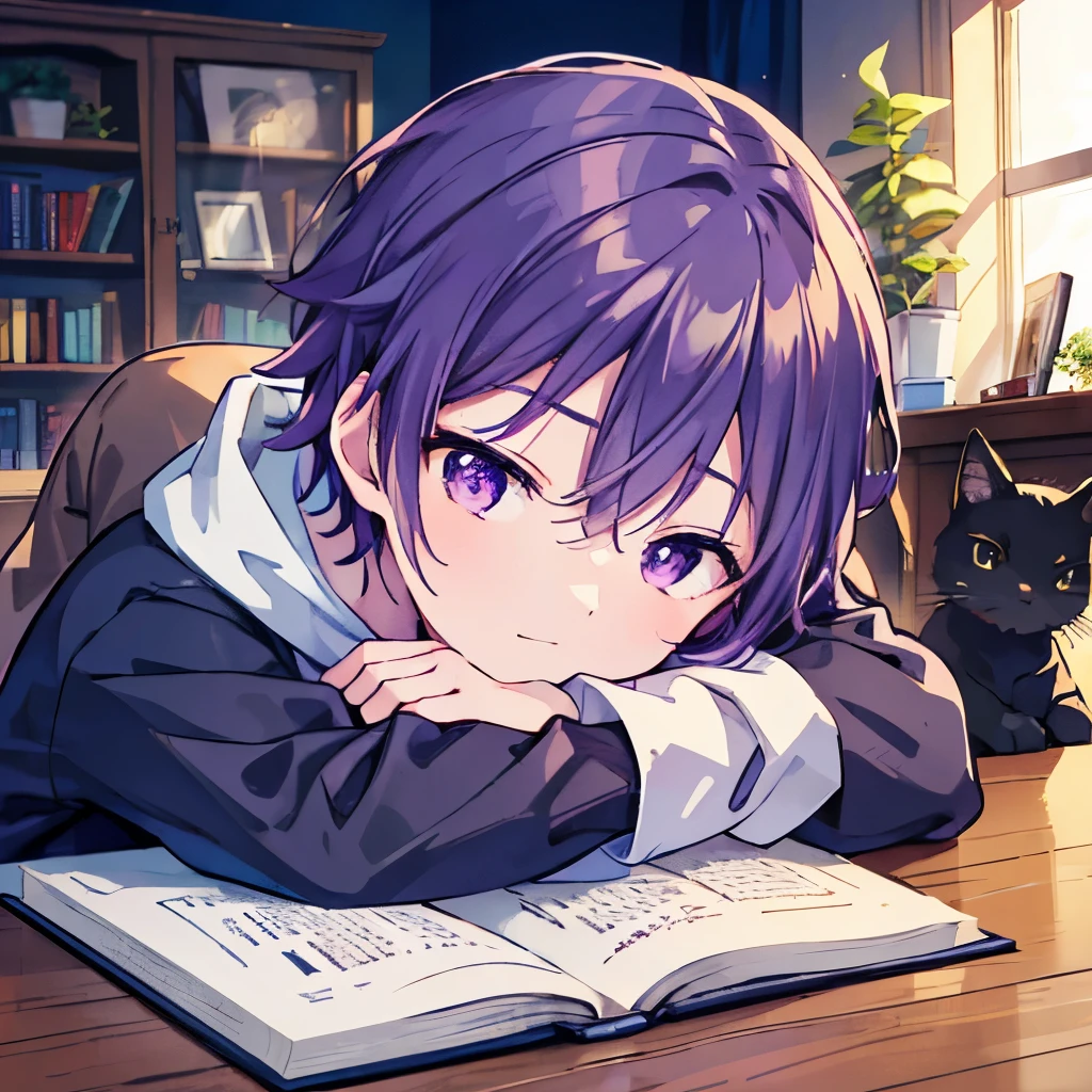  1 boy ，Purple Hair， Shorthair, Purple Eyes， wearing a white hoodie ,   a wooden desk and a potted plant  .  A handsome young man wearing  , sleepy look after intercourse ，Sleepy face，which adds a playful touch. Background,   there are books scattered around him  ,   is laughing with a book that comes to mind  {x}  creating a cozy studio atmosphere in the room, High Quality , Pictures,  pixiv illustration ， A black cat is sleeping on his lap ，night