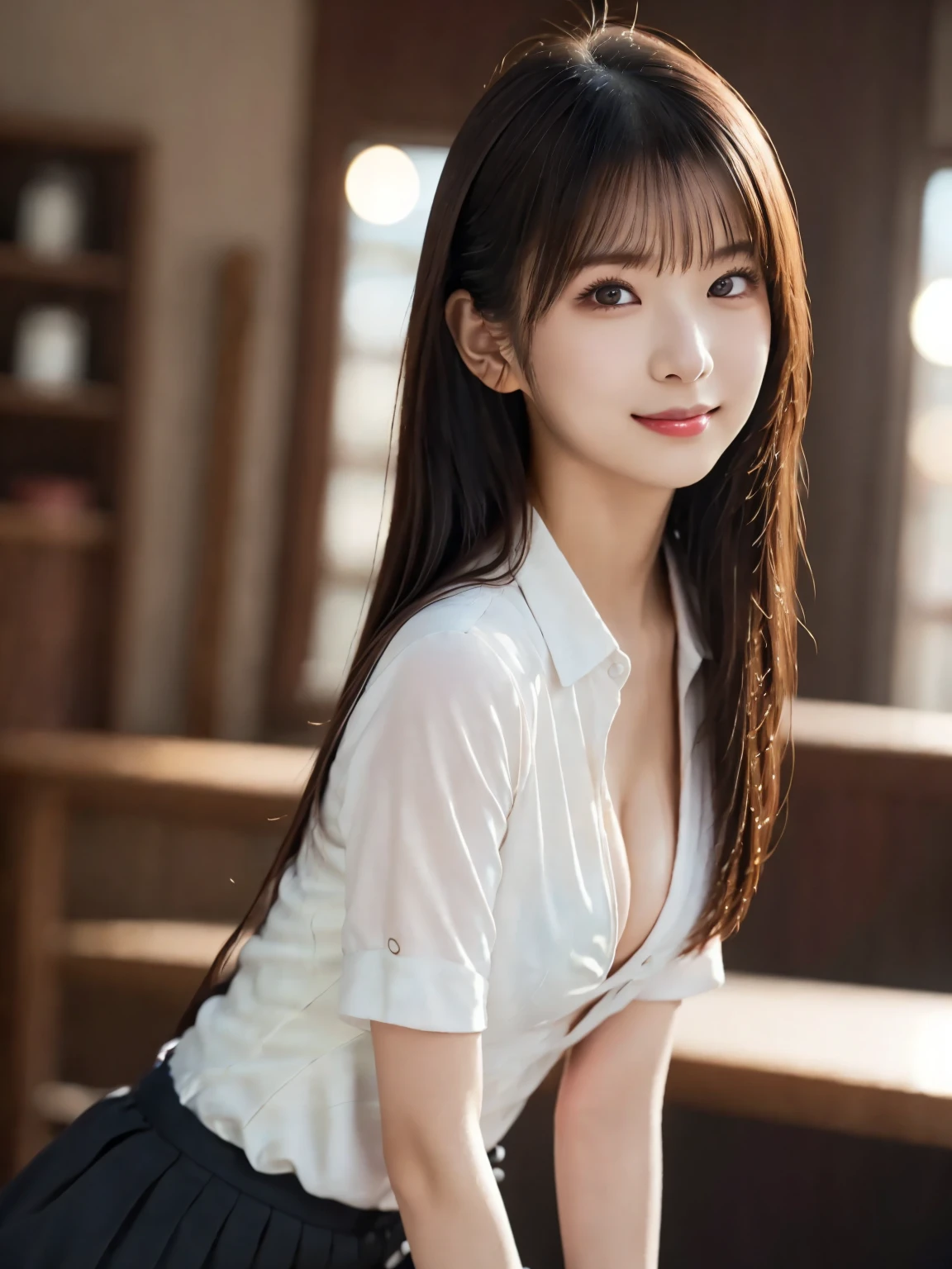   white shirt 、   complex and beautiful eyes、woman、 womanらしい黒髪、( Long Beautiful Legs  : 1.5), (Mysterious One Piece  : 1.6),  skirt、( Delicate and realistic hair、１Realistic hair)、bangs、  natural colored lips、(smile : 1.1)、((white indoor ))、((18歳woman:1.2))、   sit on the face of a young and adorable Japanese person,  Official Art，  Very detailedなCGユニティ8Kの壁紙，（masterpiece:1.0),( best quality:1.0), 超 View in high resolution ,4K,  Very detailed, photo shoot, 8k,  NFSDW  ,  View in high resolution ,   Kodak Portrait 400  ,   film grain,   Lens Flare Glow  ,高いest quality,8k, NFSDW  :1.2),    as a portrait shot ,8k、  viewer, (((Front View))), (((Front View))), ((facing))、 body facing forward、Bold Cleavage、 Tight chest、  small face,  best quality、 Super beautiful images、stand up