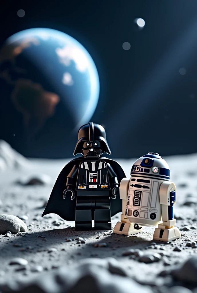 World of LEGO bricks,R2-B2 of LEGO bricks,Darth Vader of LEGO bricks,Lunar base of LEGO bricks,background on the moon,earth and space