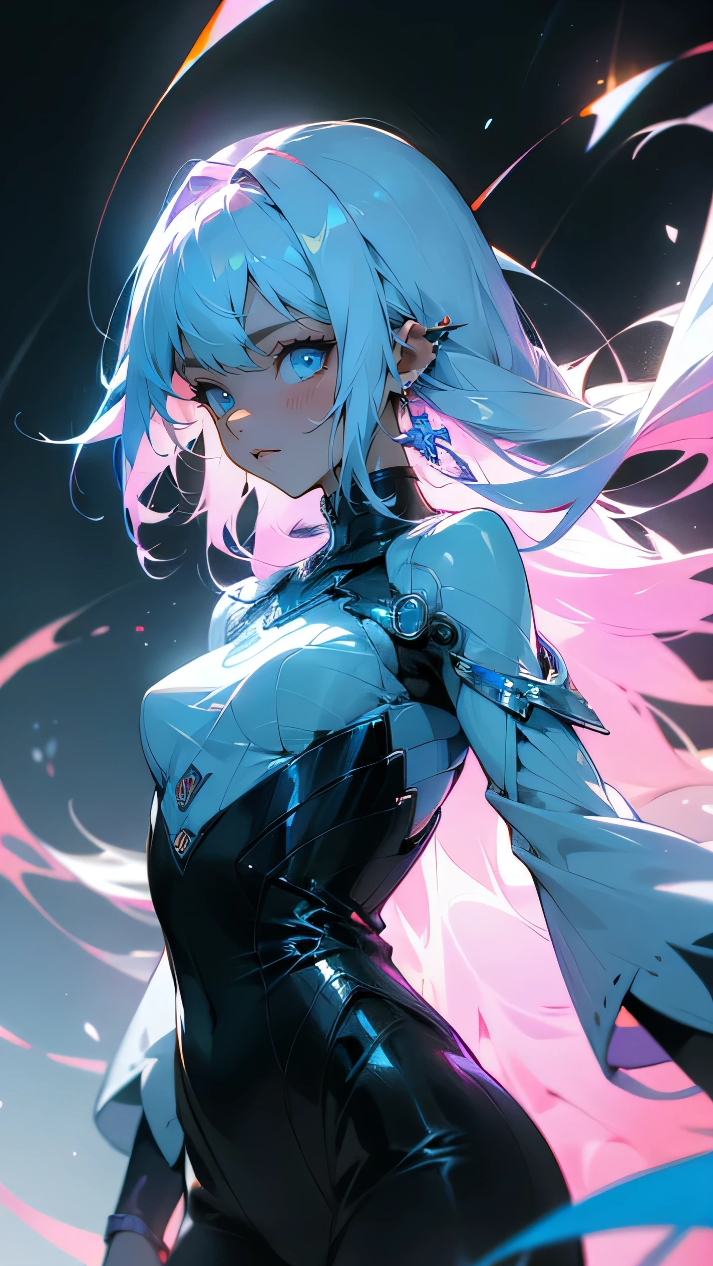 (fine, clear images, super resolution, extremely amazing detail, awesome detail), subsurface scattering, masterpiece, best quality, high quality, 1girl, solo, upper body, (one hand at the side and the other on the waist), prism eyes, prism hair, prism, serious, [silver|white] + (blue: -0.3) hair, blue + red eyes, gradient eyes, multicolored eyes, calm, small breasts, evening dress, gloves with optimal proportions of four fingers and one thumb, glow, Glowing eyes, glowing white particles, glitter, bloom, fantasy, cave,