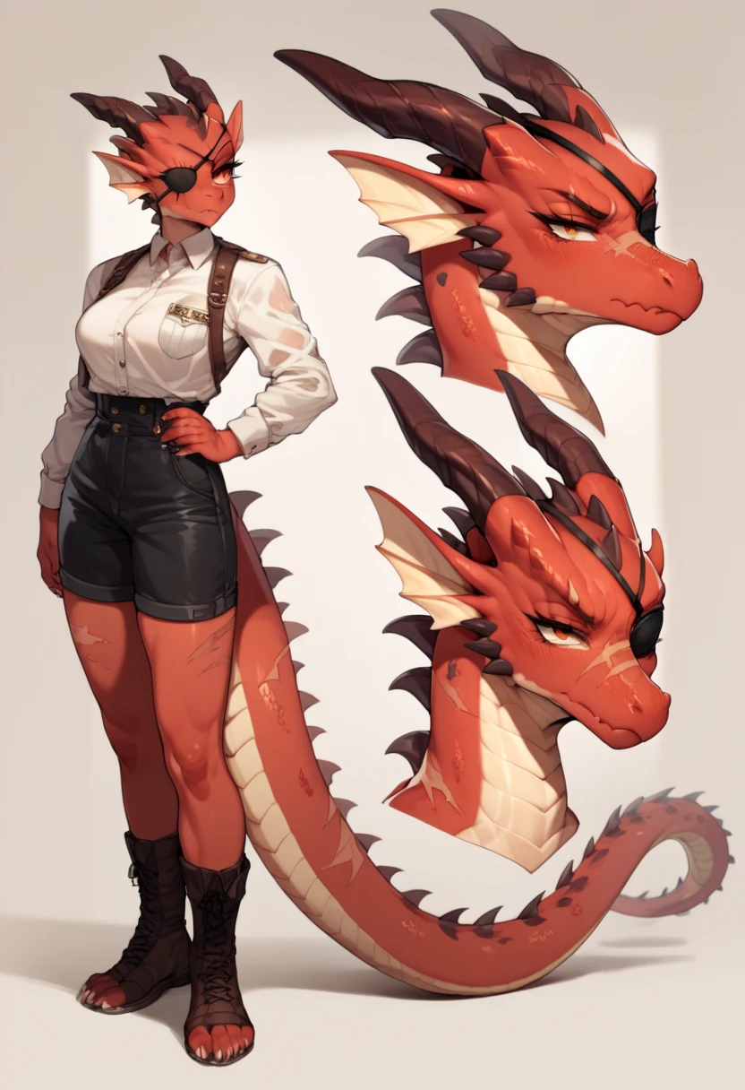 character commission sheet,From head to toes,2d,girl,Dragon Red body,Dragon white with scars,Dragon tail scars,eye patch,serious look on the face,clothes on.