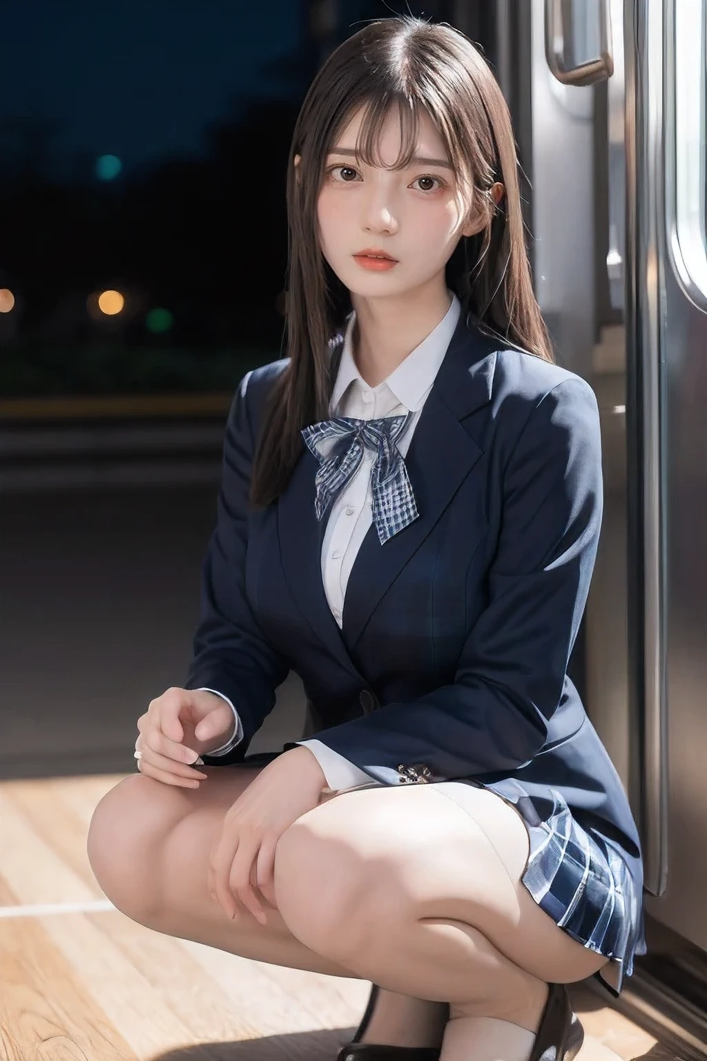 Masterpiece, 8k, Wallpaper, top-quality, High school girl, Photorealistic, (Plump breast:1.3), 
(Light smile:1.2), (Blazer, blouse, blue plaid ribbon, plaid pleated skirt 1.4), Squatting in Train :1.3), (Mid Night:1.2)