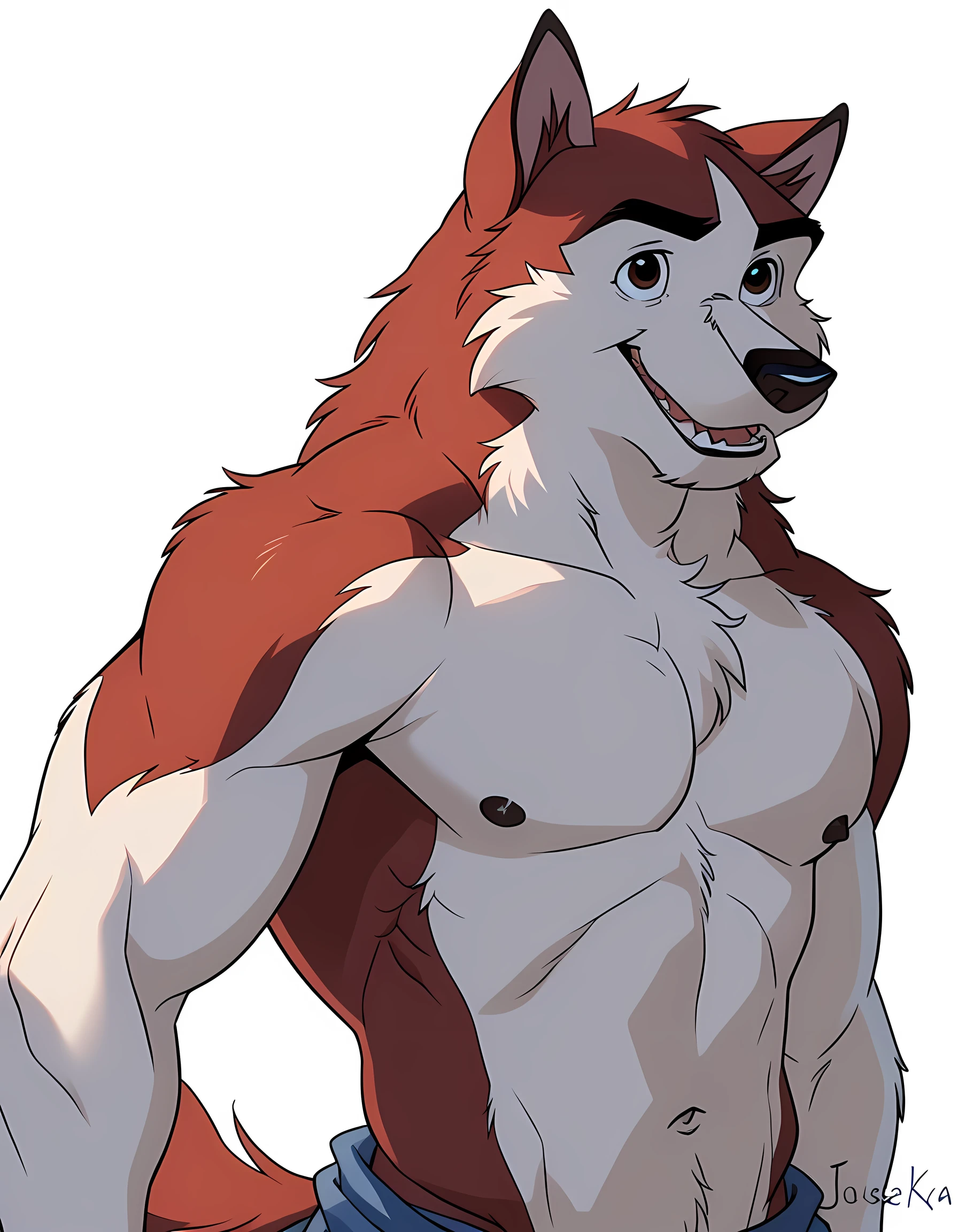 kodiak, husky, solo, detailed, detailed face, detailed eyes, anthro body, male, young adult, very muscular, pectorals, cartoon shading, cel shaded:1.0, flat colors, wearing (no background, white background):1.5, shirtless, wfa style, negger style, cartoony anatomy, above waist