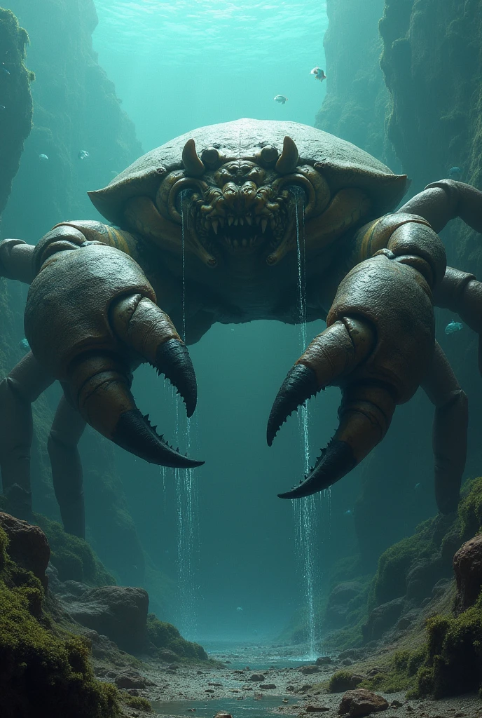 A semi-aquatic monster with giant tentacles and crab parts 