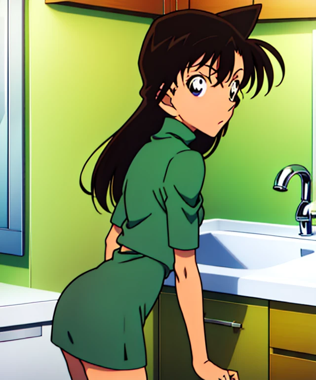 {{{mouri ran}}},{{{Detective Conan}}},{{{long hair}}},{{{official style}}},{{{adult}}},green dress,one-piece dress,turtleneck,green miniskirt, {light green cropped jacket},{light green cropped jacket},green socks,,sink,laundry,kitchen,bringing upper body to the sink,open,back view of leaning forward