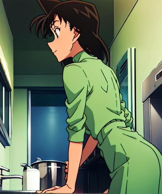 {{{mouri ran}}},{{{Detective Conan}}},{{{long hair}}},{{{official style}}},{{{adult}}},green dress,one-piece dress,turtleneck,green miniskirt, {light green cropped jacket},{light green cropped jacket},green socks,,sink,laundry,kitchen,bringing upper body to the sink,open,back view of leaning forward