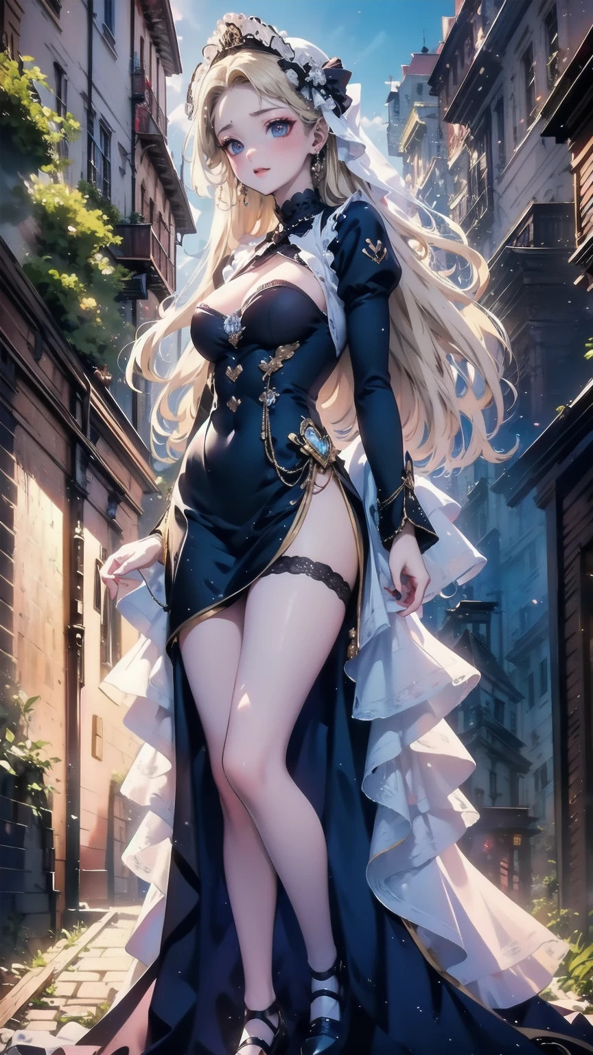 ), Composition from head to toe,  full body view,Village realistic、 Virginia Otis  Blonde Blue Eyes、Victorian city,  Europe. Aristocratic Girl、Breasts looking up from below 、  Wearing a Long-Sleeved Sheer Fabric Dress 、 dynamic sexy poses 、Face Smile、 cute face,  portrayal the whole body、