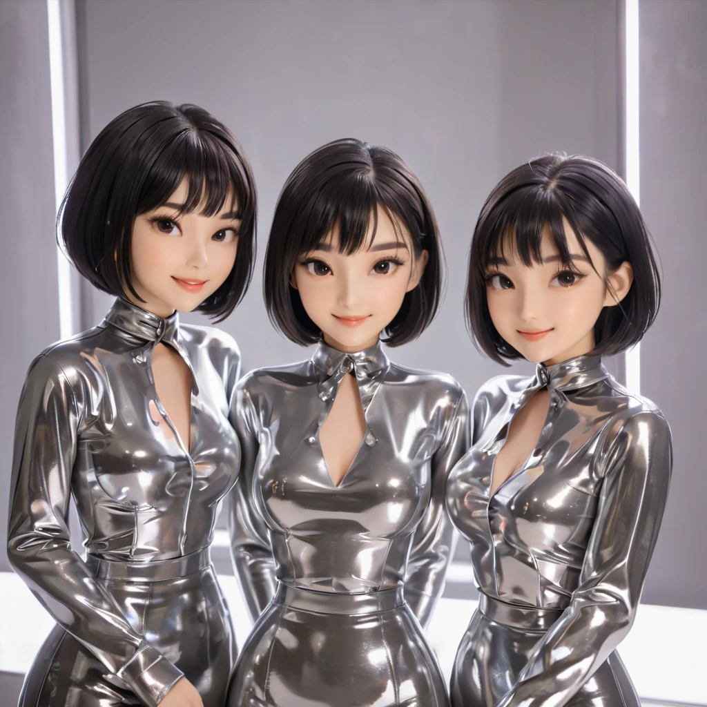 4 girls,  in extremely tight shiny silver latex blouse, smile, Lens reflection, Reflected light, Breasts, bob cut, shiny hair,  black hair, Necktie 