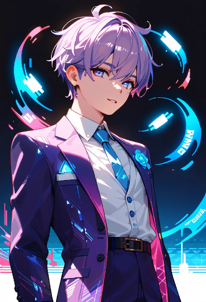 digital-era fashion-forward boy with short lavender hair, dressed in a reflective silver blazer with pixel art details, waist-up, glowing icons and glitch effects in the backdrop