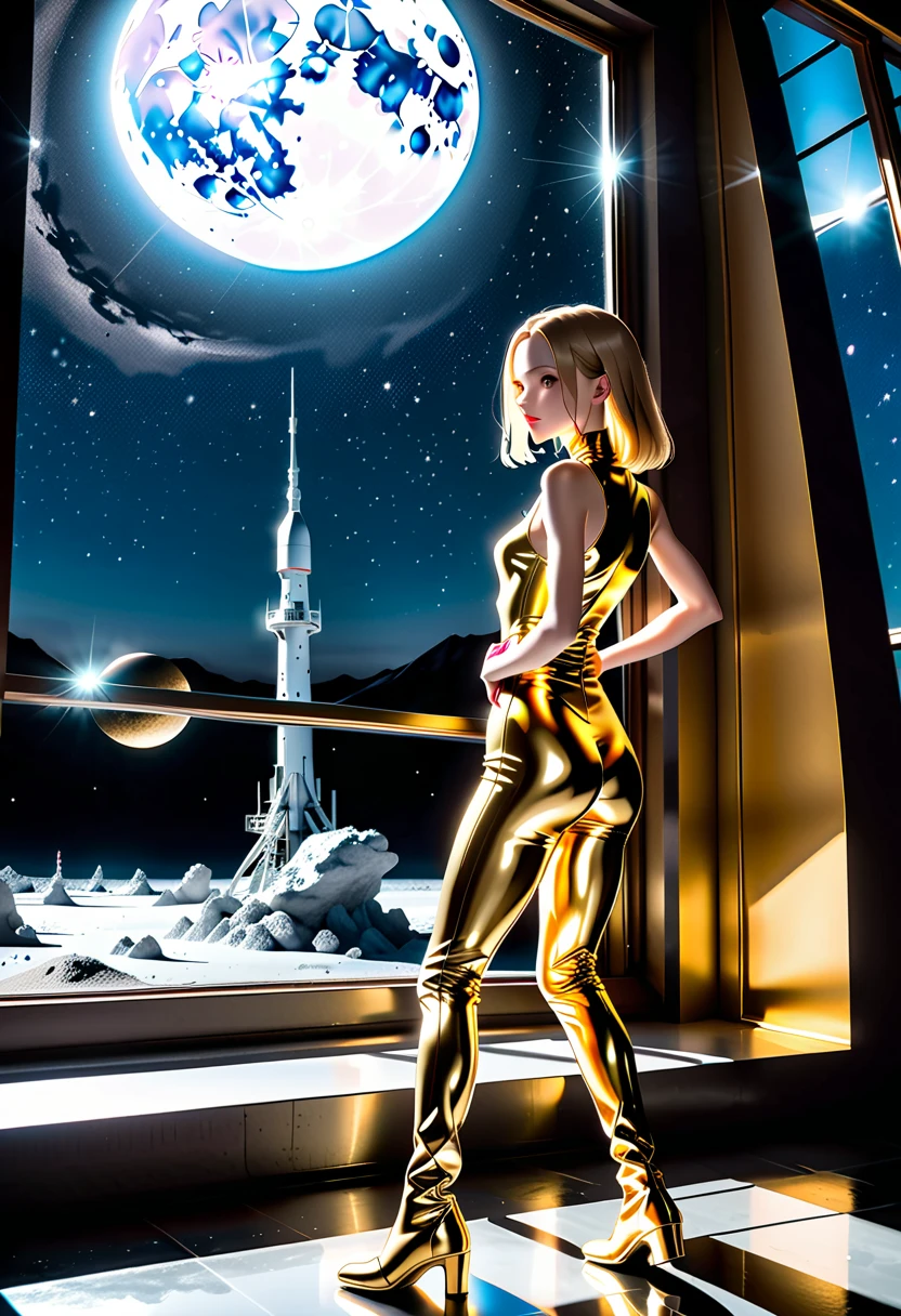 ((((Moon Base:1.5))、 Looking out from a Lunar Base Window :1.5)), ((((Taken obliquely from behind :1.5、from behind:1.5)), side view:1.5, looking away:1.5)),  one girl, ((Top Models:1.5))、 best quality, masterpiece,  ultra high resolution, (Realistic:1.4),  RAW Photos,  complex details,  Big Beautiful Dark Emerald Eyes :1.5, Perfect Contour, masterpiece, Silky Long Hair,  ((forehead:1.5)), full lips:1.5, pink lips:1.5, gloss lips:1.5, parted lips1.5,  slim、Short stature:1.5、(flat chest:1.2, Firm Chest :1.2, High chest:1.5),  (( Super Soft Tight Fit High Neck Sleeveless Metallic Plug Suit:1.5、Shiny Super Shine Iridescent Gold :1.5,  Knee High Boots :1.5)), (( The Background Is Seen Through a Large Window Up to the Ceiling 、 Craters on the Moon 、Lunar probe:1.5))