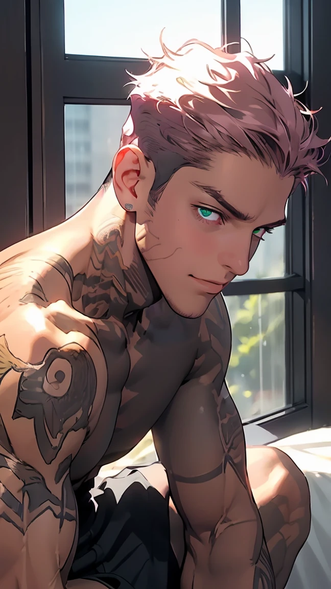 Highest Quality, 8K, High Resolution Image, Anime Style Jujutsu Kaisen, Detailed Strokes, Bored Look, Blurred, Purple Light Reflecting From It, (Close Angle), 1 Man, Male, Model, (Gilgamesh/Fate), (Chest Tattoos and arms, tattooed skin on chest and arms), Cool Guy, Strong Man, Tall Man, Broad Muscular Shoulders, Toned Arms, Toned Chest Abs, Well Defined Body, Muscular, (DARK PINK) HAIR, PINK SLICKED BACK SHORT HAIR, SHORT HAIR, pink Hair, Short Hair, short pink hair, slicked back hair, swollen chest. light green eyes, light green glowing eyes, bored look, handsome guy, hip-hop style guy, (smile), he is wearing a sweatpants, naked torso, abs, gold link chain, background: bedroom, bright room, large window, sitting on the bed, relaxation pose
INFO
