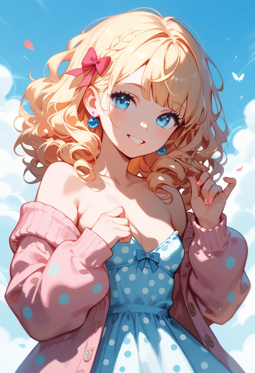 nude cheerful young woman with perfectly styled blonde curls, wearing a pastel pink cardigan over a polka-dot dress, small breasts, 